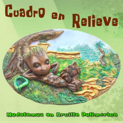 Cuadro en relieve terminado — modelado en arcilla polimérica de Baby Groot